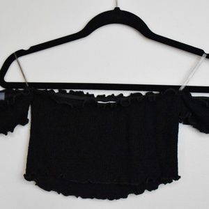 Dark Navy Off-the-Shoulder Ruffled Crop Top